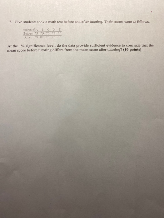 7. Five students took a math test before and after tutoring. Their scores were as follows. E Subiect 3 C D Berore 235 At the
