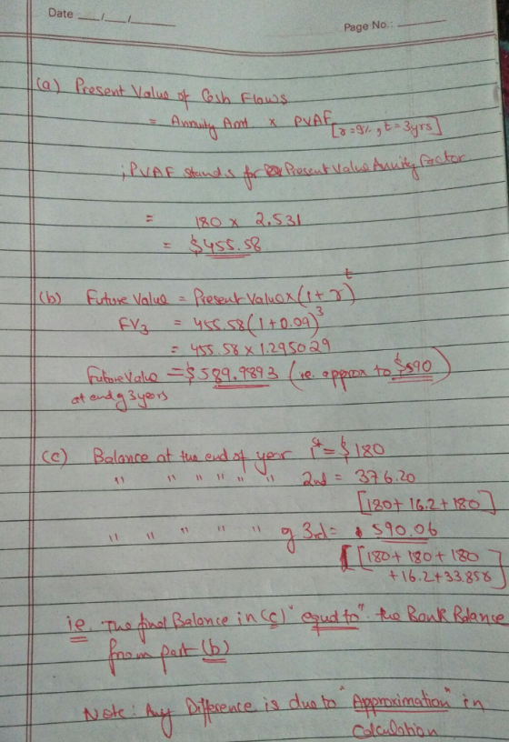 DateL1 Page No. : a) Present Nalua ot sh Elauis 3 FV 455 3(110 09 at end a3yar t 30 t16.2+33.858 nce iM me