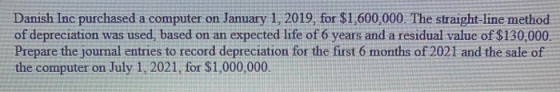 Danish Inc purchased a computer on January 1, 2019, for $1,600,000. The straight-line method of depreciation was used, based