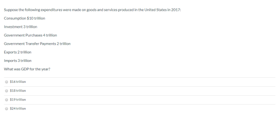 Suppose the following expenditures were made on goods and services produced in the United States in 2017: Consumption $10 tri