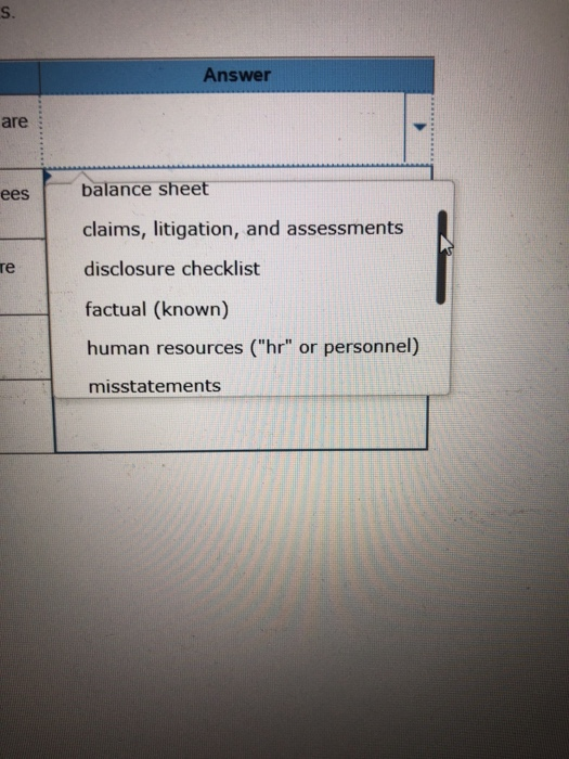 Answer are ees balance sheet claims, litigation, and assessments disclosure checklist factual (known) human resources (hr o