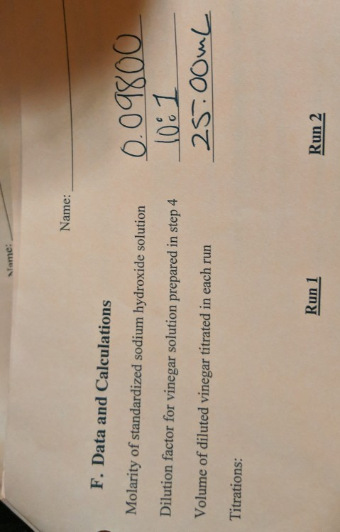 Name: Name: F. Data and Calculations Molarity of standardized sodium hydroxide solution 0.09800 10:1 25.00mL Dilution factor