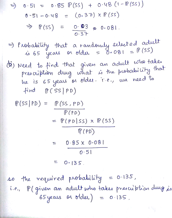 0.3+ habalaility that a ram selauted aduult 65 au b) ved to Hind that ive tabe Neo ha is 65 yeas i Hind PCSs] PD) 01 olde t.e, uue nead to PCPD) r (PD) = 0.85x 0.081 0 5 ะ 0.135 A wired pebabilty 135 i.e., P(given an dult who taku pYRA uibtion duu9