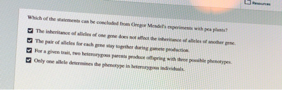 Which of the statements can be concluded from Gregor Mendels experiments with pea plants? The inheritance of alleles of one