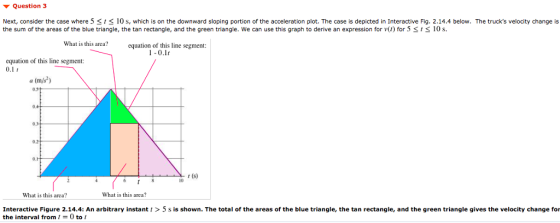 Question 3 Next, consider the case where 5 10 s, which is on the downward sloping portion of the acceleration plot. The case is depicted in Interactive Fig. 2.14.4 below. The trucks velocity change is the sum of the areas of the blue triangle, the tan rectangle, and the green triangle. We can use this graph to derive an expression for v(t) for 5 sts10 s What is this area? this line segment: 1-0.1r equation of this line segment: 0.1 a (m/s) 10 What is this area? What is this area? Interactive Figure 2.14.4: An arbitrary instant t >5 s is shown. The total of the areas of the blue triangle, the tan rectangle, and the green triangle gives the velocity change for the interval from t 0 to