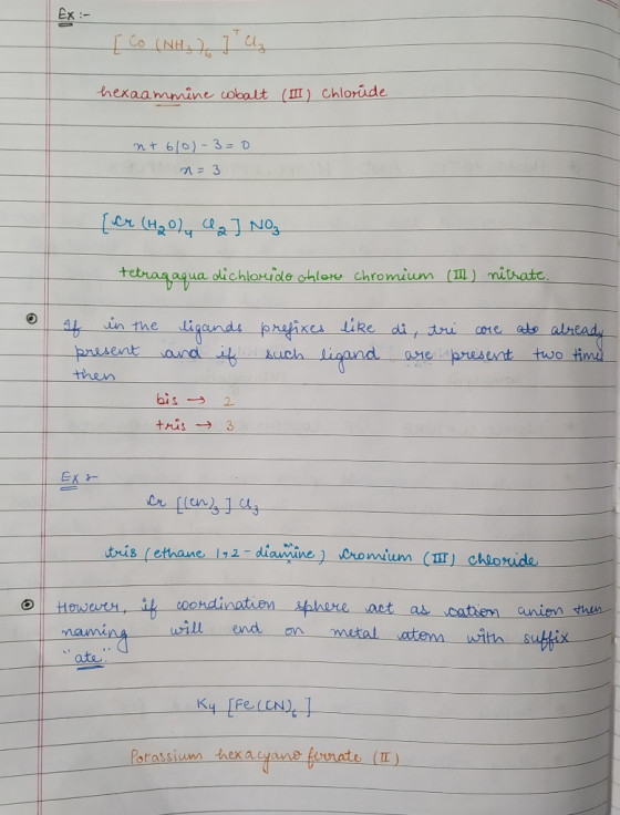 Ex :- [ Co (NH3 7 7 Uz hexaammine cobalt (II) chlorude nr 6/0)-3=0 n=3 {ver (H₂O) Qa] NO₂ tetrag aqua dichlorido chloro chrom