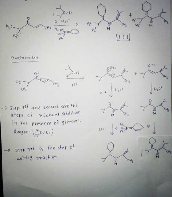 2. H30 MC CH3 ph mechamism - Li . UL CH CH H2ot H20 2 nd ブ>< -? Step IS and second are the steps of michael addition in the presence of gilmans Reagentは ) V Li → step 3rd 1s the step of wittig reaction CH