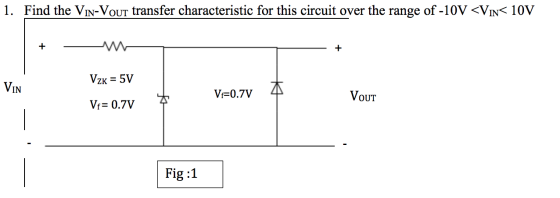 1. Find the Vin-Vout transfer characteristic for this circuit over the range of -10V <Vin< 10V + Vzk = 5V VIN V=0.7V Vout Vi=