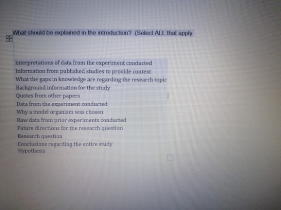 What should be explained in the introduction? (Select ALL that apply. Interpretations of data from the experiment conducted I