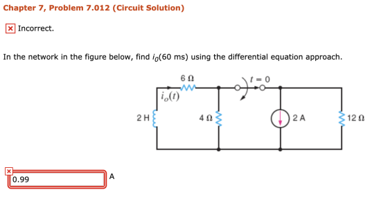 Chapter 7, Problem 7.012 (Circuit Solution) x] Incorrect. In the network in the figure below, find io(60 ms) using the differ