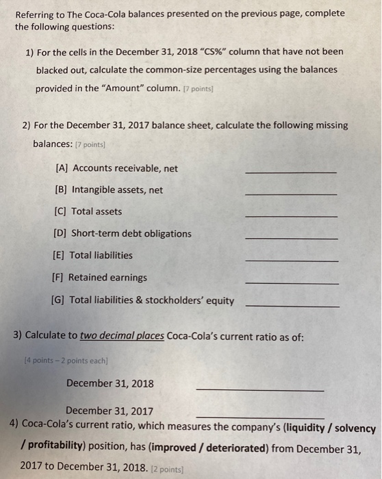 Referring to The Coca-Cola balances presented on the previous page, complete the following questions: 1) For the cells in the