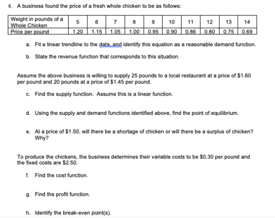 8. A business found the price of a fresh whole chicken to be as follows: Weight in pounds of a5 6 78 Whole Chicken 7910 11 12 1314 a. Fit a linear trendline to the data and identify this equation as a reasonable demand function. b. State the revenue function that corresponds to this situation. Assume the above business is willing to supply 25 pounds to a local restaurant at a price of $1.60 per pound and 20 pounds at a price of $1.45 per pound. c. Find the supply function. Assume this is a linear function. d. Using the supply and demand functions identified above, find the point of equilibrium. e. At a price of $1.50, will there be a shortage of chicken or will there be a surplus of chicken? Why? To produce the chickens, the business determines their variable costs to be $0.30 per pound and the fixed costs are $2.50. f. Find the cost function. g. Find the profit function. h. Identify the break-even point(s).