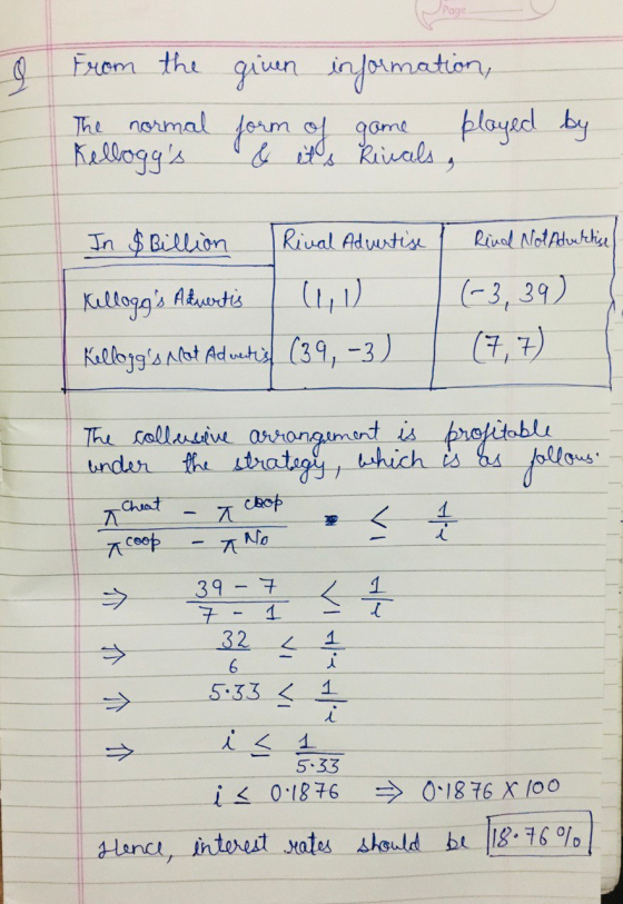 Page a From the given information, The normal form of game played by Kelloggs & its Rinals, In $Billion Rival Aduertise Rin