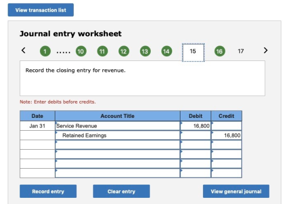 View transaction list Journal entry worksheet 12 < 10 11 14 13 16 15 17 1 Record the closing entry for revenue. Note: Enter d