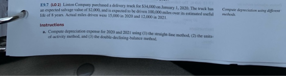 E9.7 (LO 2) Linton Company purchased a delivery truck for $34,000 on January 1, 2020. The truck has an expected salvage value