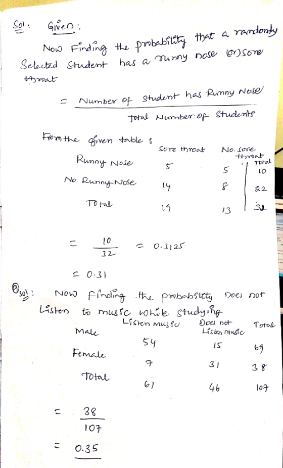 IveO selected Student has a,Munny nase () ^rat Number of shident has Rumny Noe Total umber op Students Femthe given Sore throat No. sore Rwnny NJoke TDal Lo No Runn-Josey a2 เร่ 10 0.32 22- 0 .31 Totvl Mal Lis ten music 54 9 o) IS Female 3) 3 8 Total 4b lo? o.3S