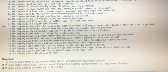 Nov. 8 The company paid $1,390 cash for the computer supplies purchased from Harris Office Produce 10 The company hired Lyn A