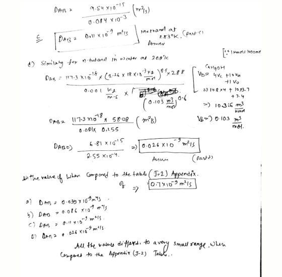 DAB 2 9.54 xins 0.084 X10-31m2) laethand at - 283°k = Ooll x 109 mis parte IDAR2 Kmaloom L mis 10.103 m3, 0:6 Kma d) Similary