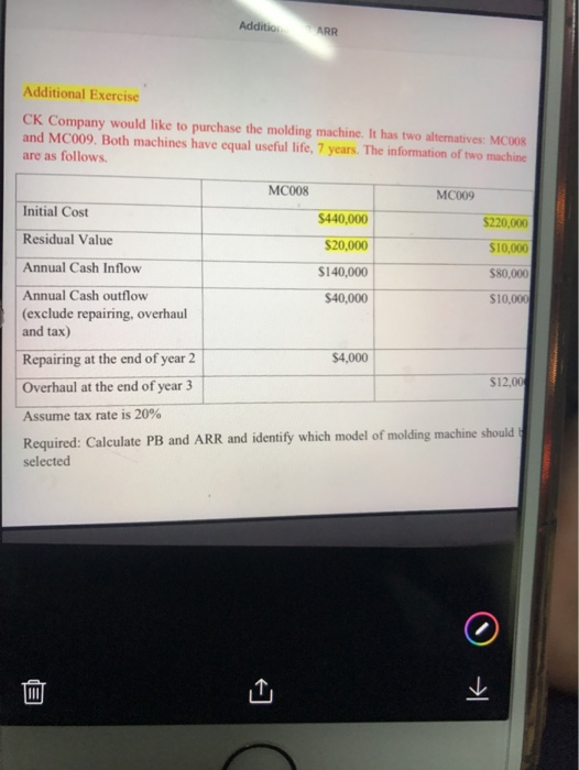 Additio ARR Additional Exercise CK Company would like to purchase the molding machine. It has two alternatives: MC008 and MC0