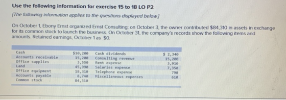 Use the following information for exercise 15 to 18 LO P2 [The following information applies to the questions displayed below