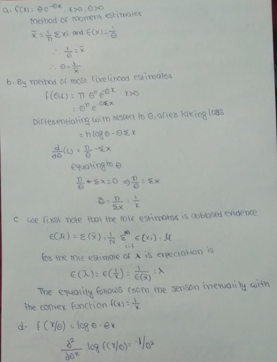 method of Moment estimatos b. By method of most (İke ((hood estimatoa equating to o C oe fisst mote that the mle estimatox is onblased evidence ros the mte estimoie of A is epectotion is The equa (ity foitoas Foom fre Jenson (Oeyuaing ω.th the convex function f(x)