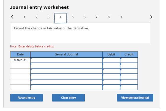 Journal entry worksheet < 1 2 3 4 5 6 7 8 9 Record the change in fair value of the derivative. Note: Enter debits before cred