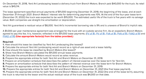 On December 31, 2018, Yard Art Landscaping leased a delivery truck from Branch Motors. Branch paid $40,000 for the truck. Its