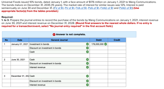 Universal Foods issued 10% bonds, dated January 1, with a face amount of $176 million on January 1, 2021 to Wang Communicatio