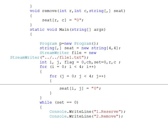void remove (int r,int c,stringt, seat) seatr, c static void Main (string[] args) Program p-new Program); stringt, seat new s