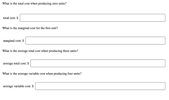 What is the total cost when producing zero units? total cost: $ What is the marginal cost for the first unit? marginal cost:
