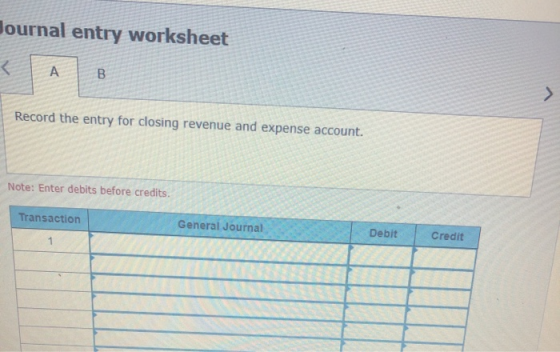 ournal entry worksheet B Record the entry for closing revenue and expense account. Note: Enter debits before credits. Transac