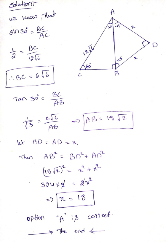 solutiont we know that 30 sin 30 Bc Ас. o a = Bc 1256 127 & us 1669 656 C B ABC Tan 30: BC AB ENG V - AB = 18 AB het BD = AD