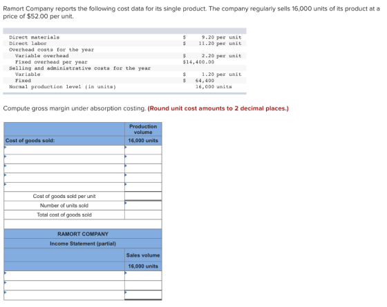Ramort Company reports the following cost data for its single product. The company regularly sells 16,000 units of its produc