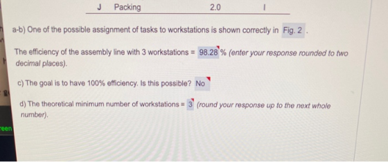 J Packing 2.0 a-b) One of the possible assignment of tasks to workstations is shown correctly in Fig. 2. The efficiency of th