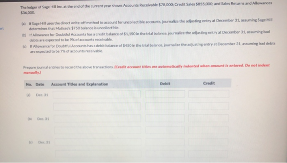 The ledger of Sage Hill Inc, at the end of the current year shows Accounts Receivable $78,000; Credit Sales $855,000, and Sal