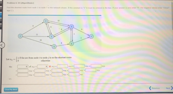 Problem 6-23 (Algorithmic) Find the shortest route from made to made in the network she wer is pero enter . For negative val