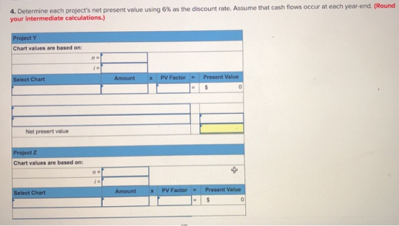4. Determine each projects net present value using 6% as the discount rate. Assume that cash flows occur at each year-end. (Round your intermediate calculations.) ect Chart values are based on: lect Char Amount xPV FactorPresent Value Net present value roject Z Chart values are based on: elect Chart Amount x PV FactorPresent Value 0