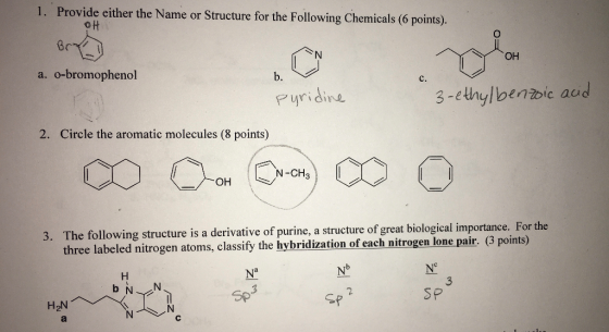 1. Provide either the Name or Structure for the Following Chemicals (6 points). OH OH a. o-bromophenol Pyridine 3-ethylbenzoi