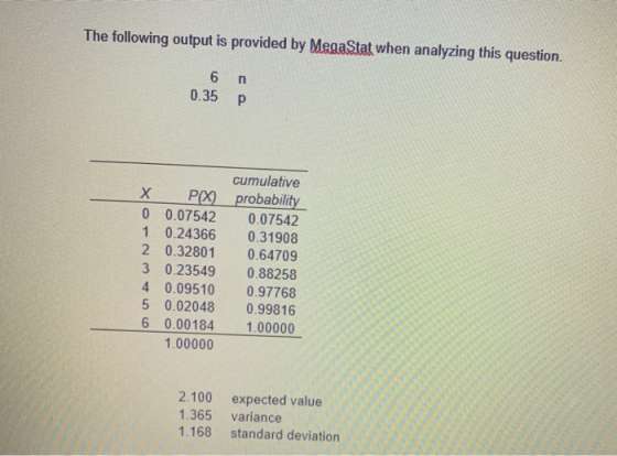 The following output is provided by MegaStat when analyzing this question. 6 n 0.35 р cumulative Х PX) probability 0 0.07542
