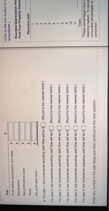 Year (Click on the icon located ont spreadsheet.) Profit before depreciation and taxes Depreciation Net profit before taxes T