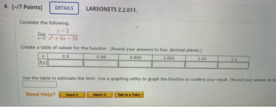 4. (-17 Points] DETAILS LARSONET5 2.2.011. Consider the following. r-2 2-1 + 6.2 lim - 16 Create a table of values for the fu