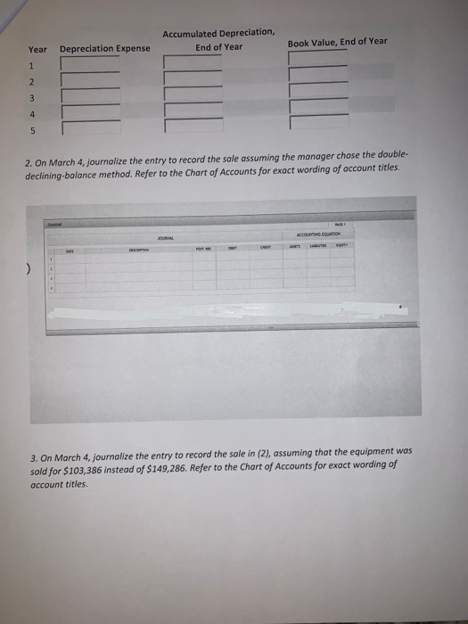 Accumulated Depreciation, End of Year Year Depreciation Expense Book Value, End of Year 2. On March 4, journalize the entry t