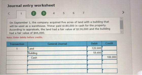 Journal entry worksheet 4 5 6 7 On September 1, the company acquired five acres of land with a building that will be used as