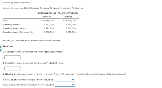 Calculating Residual Income Forchen, Inc., provided the following information for two of its divisions for last year: Small A