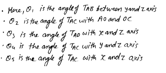 . . O2 is the angle of . Here, O, is the angley TAB between Yand Z arcis TAC with Ao and oc is the angle of with me and I wei