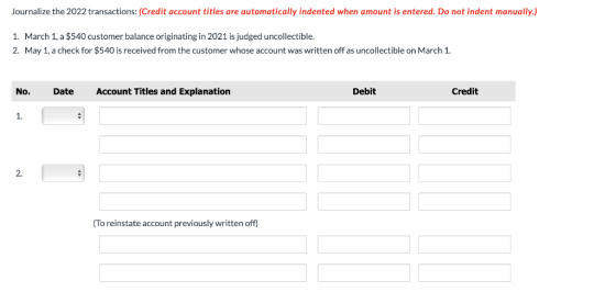 Journalize the 2022 transactions: (Credit account titles are automatically indented when amount is entered. Do not indent man