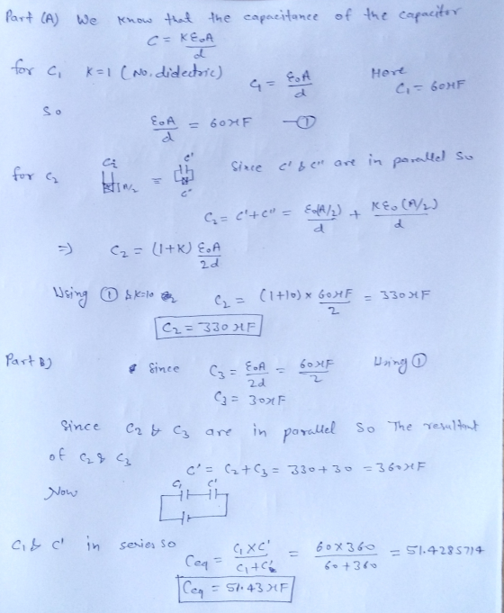 part (A) we know that the capacitance of the capacitor c = KEA for ci K=1 (No, didectric) G = Here Ci = 60HF EoA = 600F for a