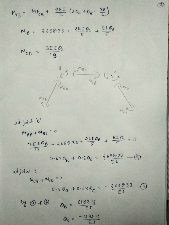 McB MEB + 21 I (20 +OB-34) REIOC ELOR MCB = 2658.33 + + 5 MED 3EIO 19 B MBC MBC MCB PreA Moc at joint B MBA+MBC = 0 EI OC 2