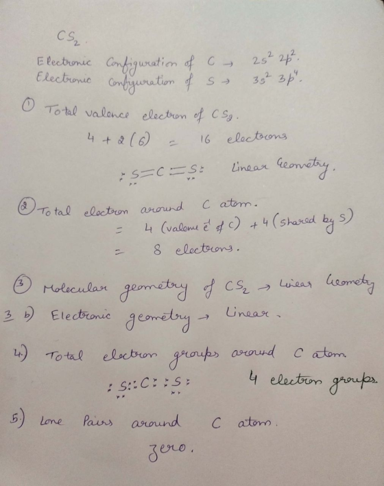 CS Linear Electronic Configuration of c- 25² 26²- Electronic configuration of sh 35 3pr. 0 Total valence electron of CSg. 4+2