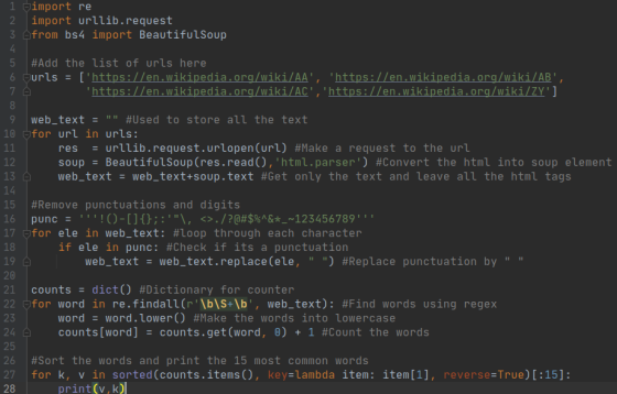 1 -import re 2 import urllib.request 3 from bs4 import BeautifulSoup 4 5 #Add the list of urls here 6 Curls = [https://en.wi